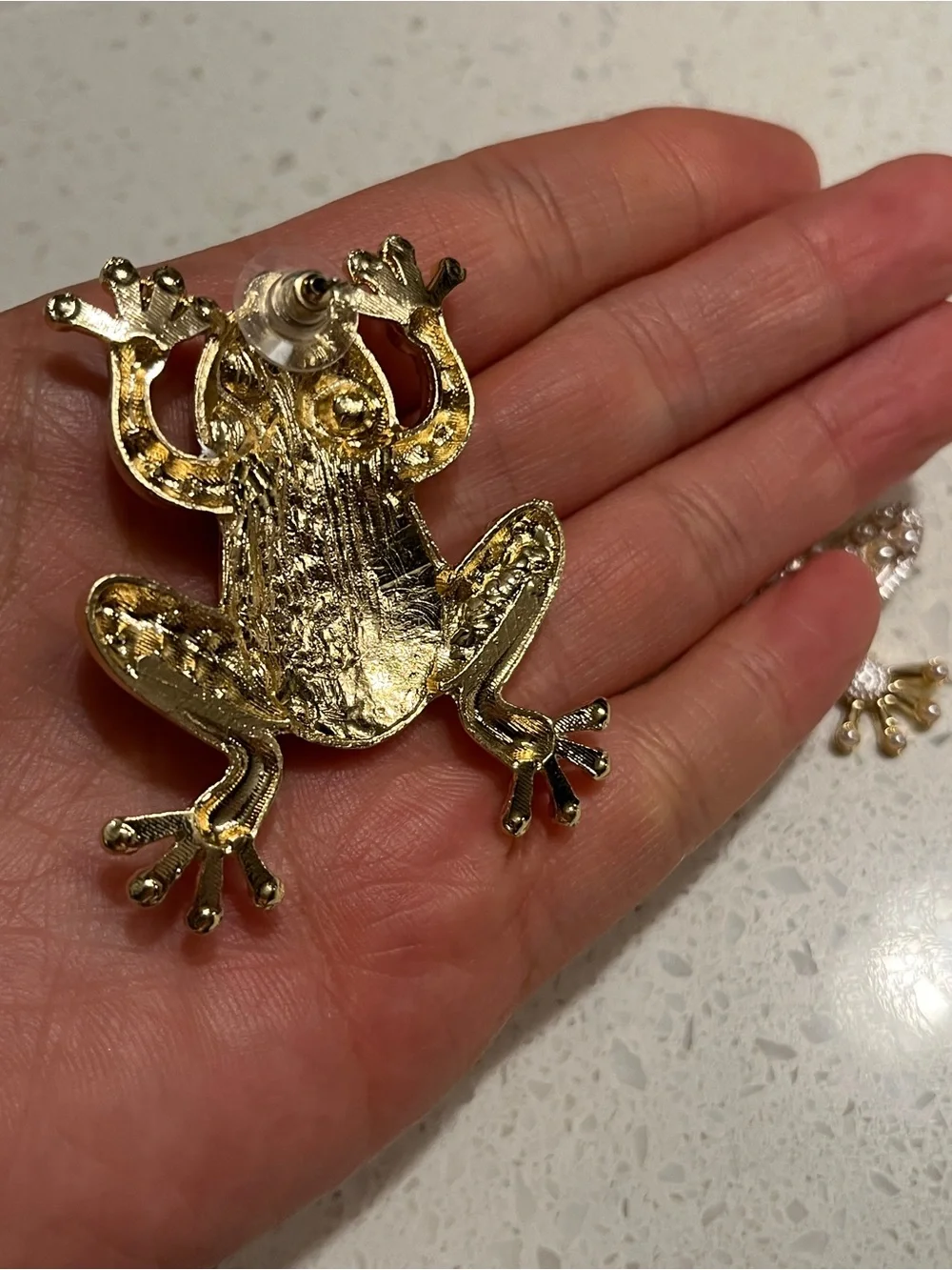 Faux Pearl, Gold Frog‎ Dangle Earrings